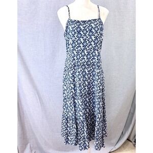 GAP Navy Blue Geometric Print Smocked Waist Tiered Maxi Dress Size 14